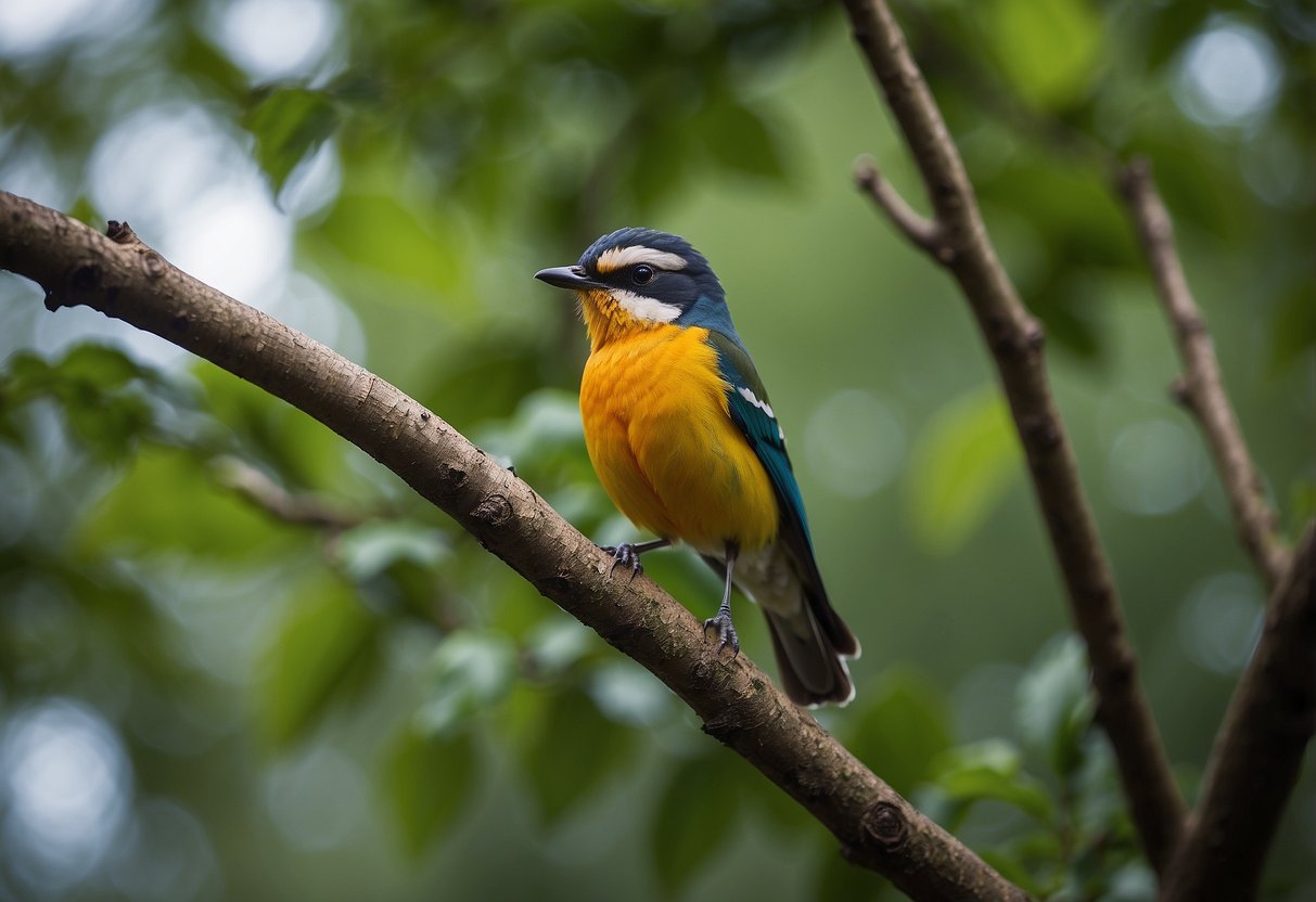 A colorful bird perched on a tree branch, surrounded by lush green foliage. In the background, a variety of other birds can be seen flying and chirping