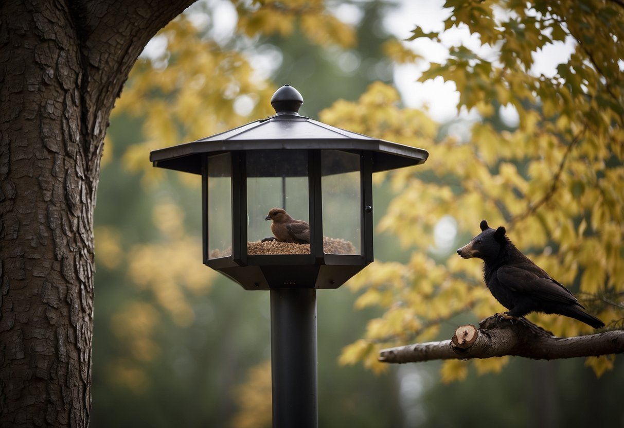 Birds perched in trees, while a bear roams in the background. Bird feeders are strategically placed, and a sign warns of bear presence