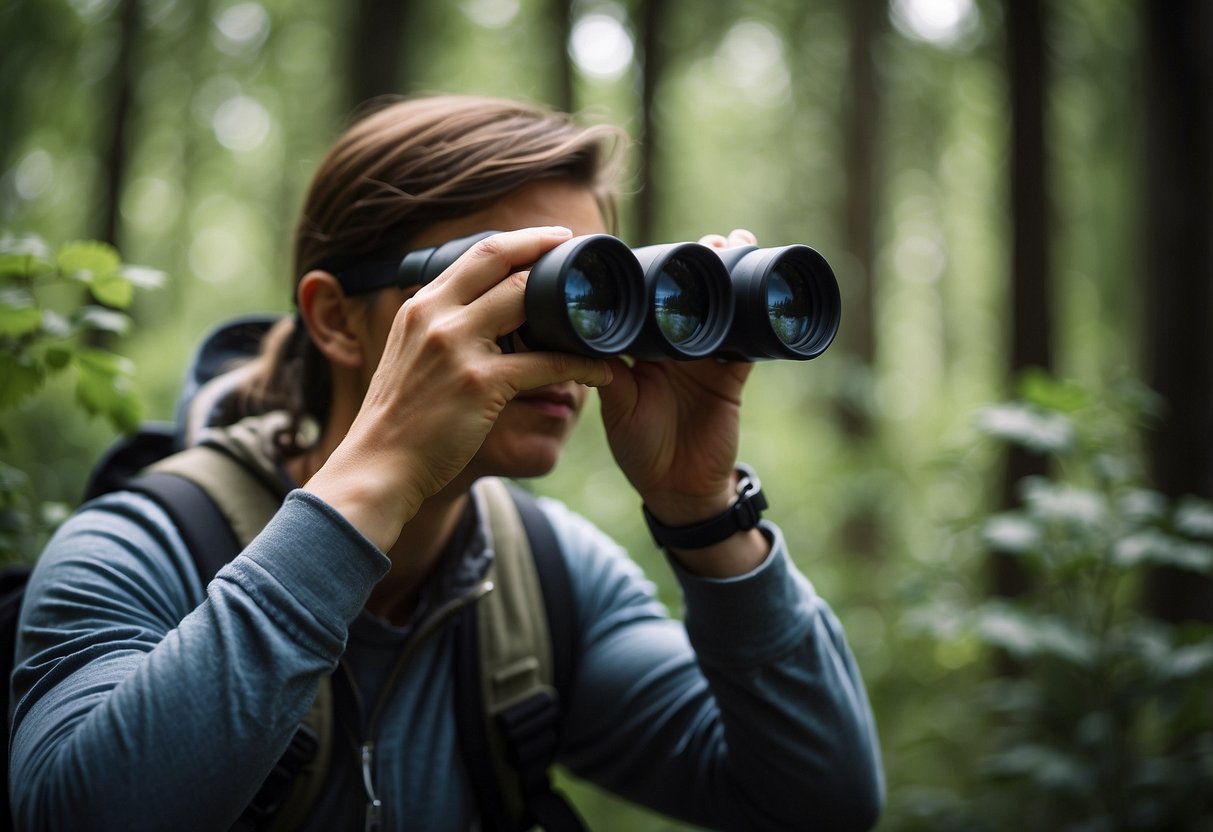 A person carrying binoculars scans the forest for birds, mindful of potential bear encounters