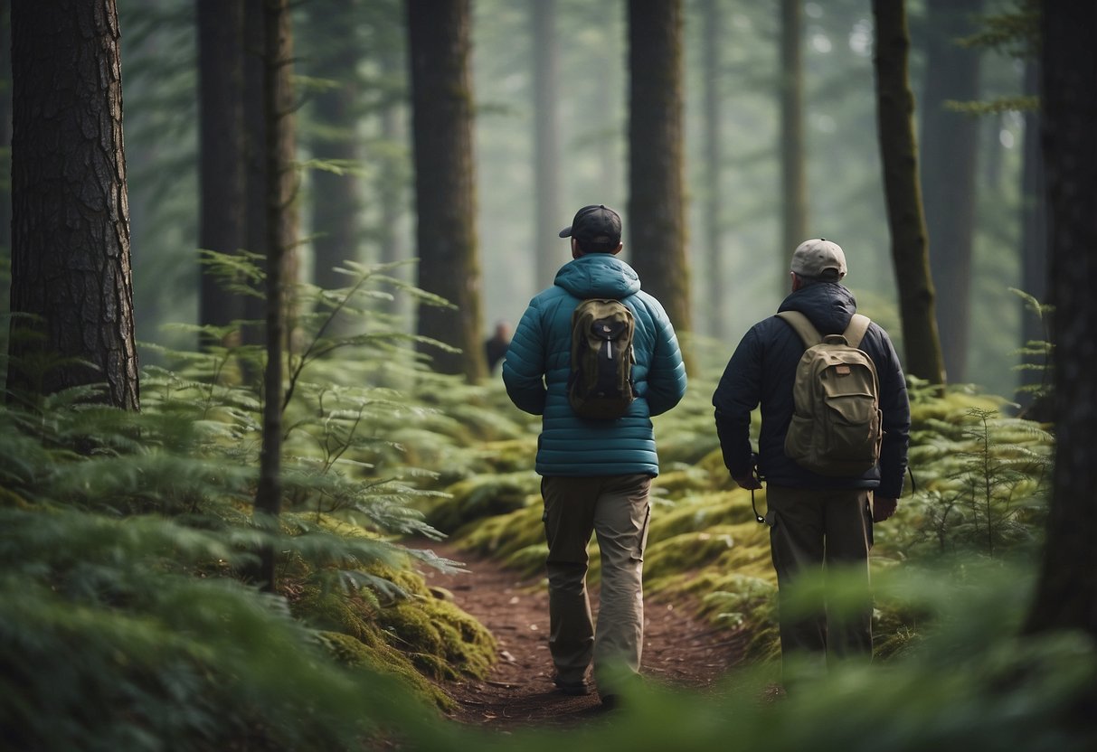 Birdwatchers in muted colors blend into forest. Bears roam nearby. Tips for safety in bear country