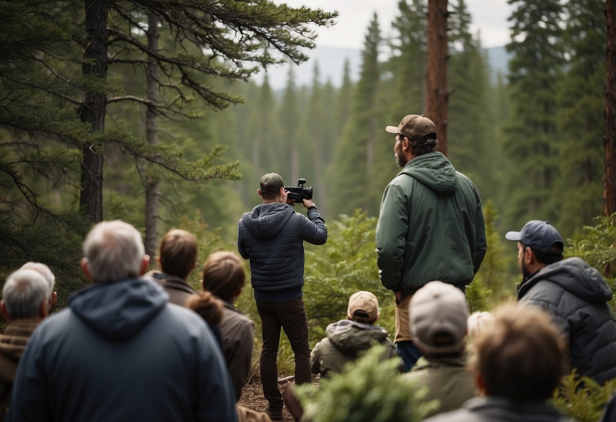 Bird watchers in bear country: A group learns safety tips. Bears roam in the background as the watchers listen attentively