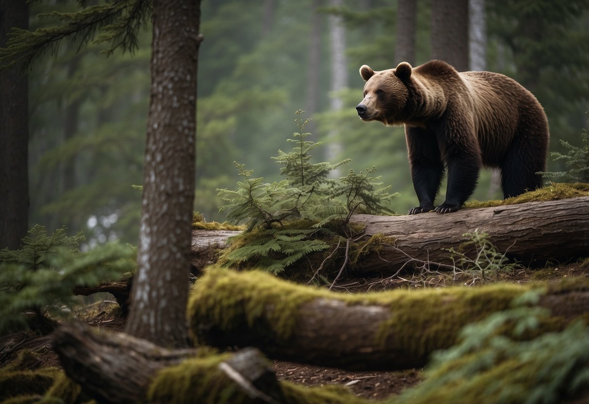 Birds perched on branches in a forest clearing, while a bear roams in the background. Signs warning of bear presence are posted nearby