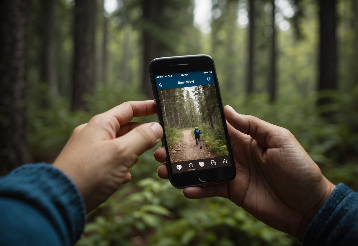 A person uses bird ID apps in bear country, surrounded by trees and wildlife