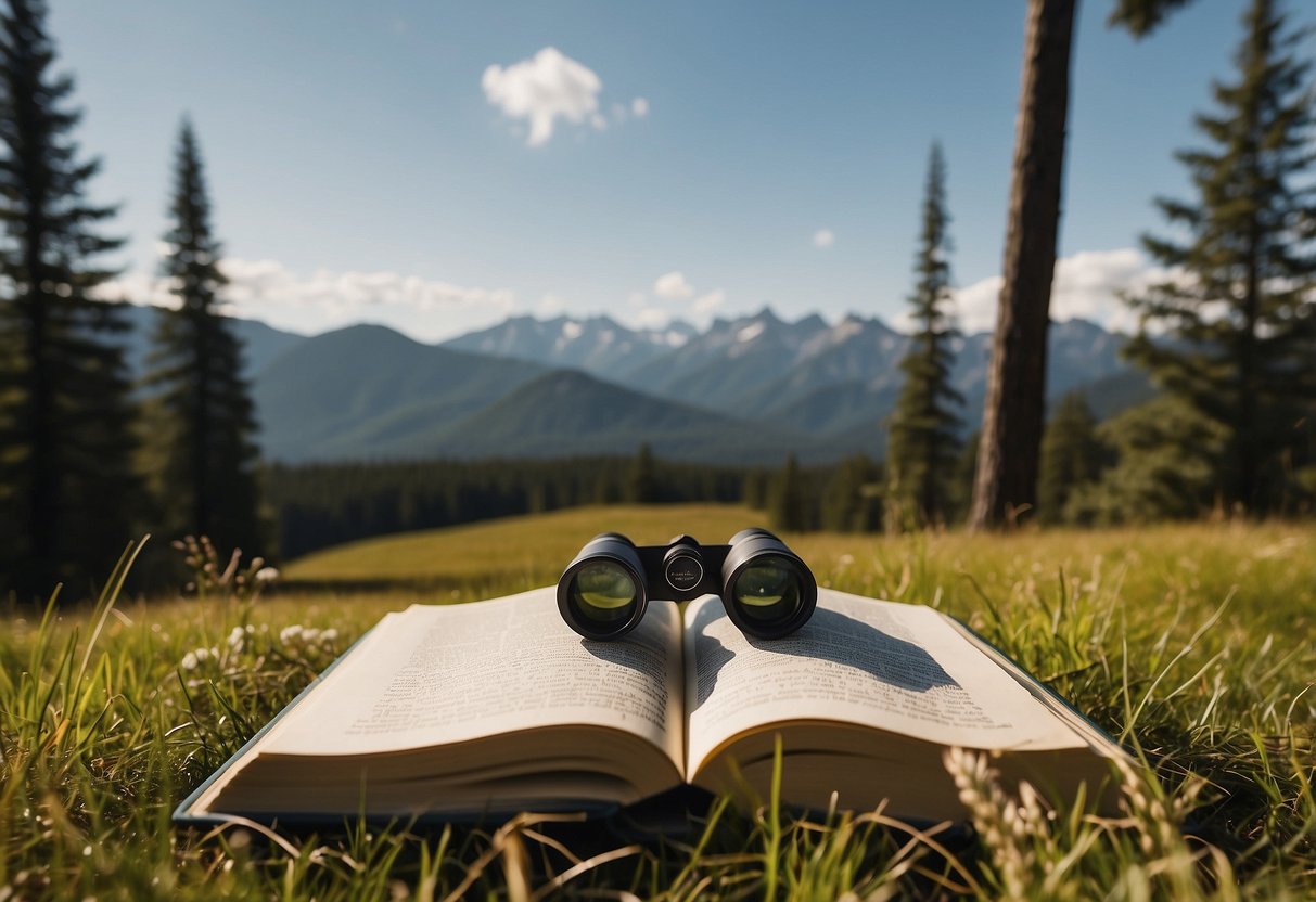 A field guide book lies open on a grassy meadow, surrounded by tall trees and a distant mountain range. A pair of binoculars rests on top of the book, ready for bird watching in bear country