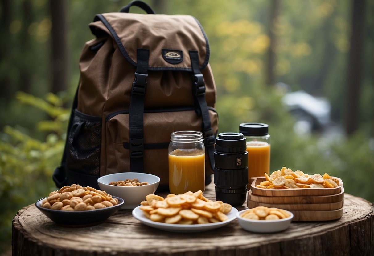 High-calorie snacks packed in a backpack, binoculars hanging from a strap, a bear in the background