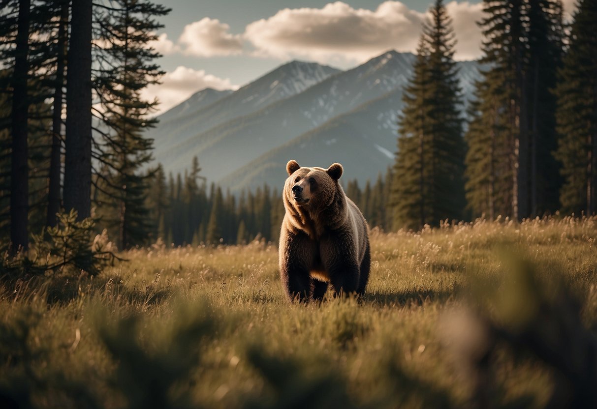 A bear stands on its hind legs, sniffing the air as it watches a group of birds in a clearing. Surrounding trees and mountains indicate a remote, natural setting