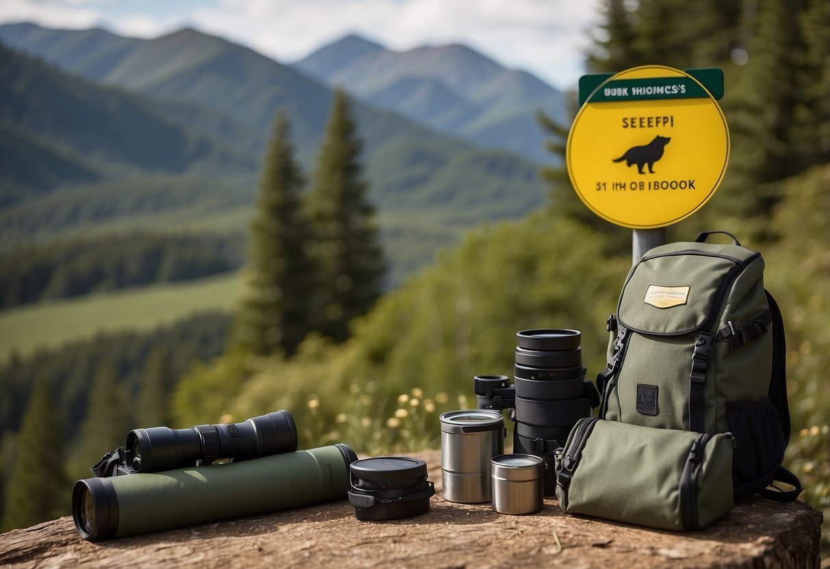 Birdwatching scene: Binoculars on a sturdy strap hang from a backpack. A bear-proof food container sits nearby. A sign warns of bear activity. A bird guidebook is open to a page on local species