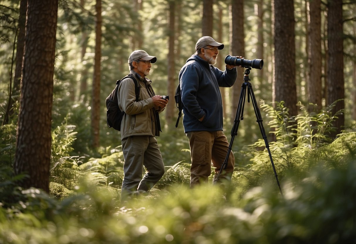 Birdwatchers in bear country: forested area with open clearings, streams, and diverse vegetation. Signs warn of bear presence. Binoculars and bird guidebooks in hand