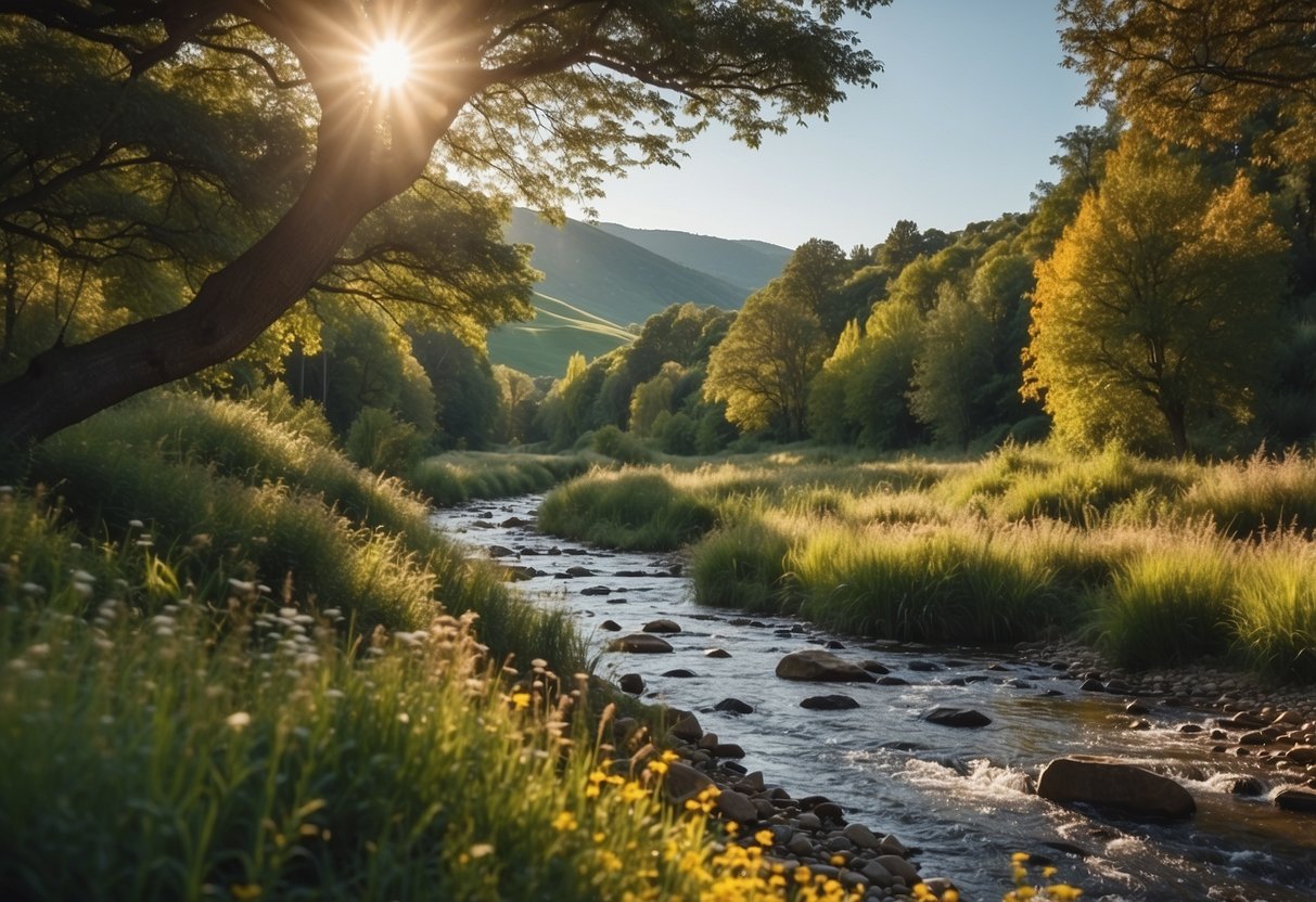 A serene landscape with rolling hills and a clear blue sky. A variety of colorful birds flit among the trees and bushes, while a gentle stream winds through the scene