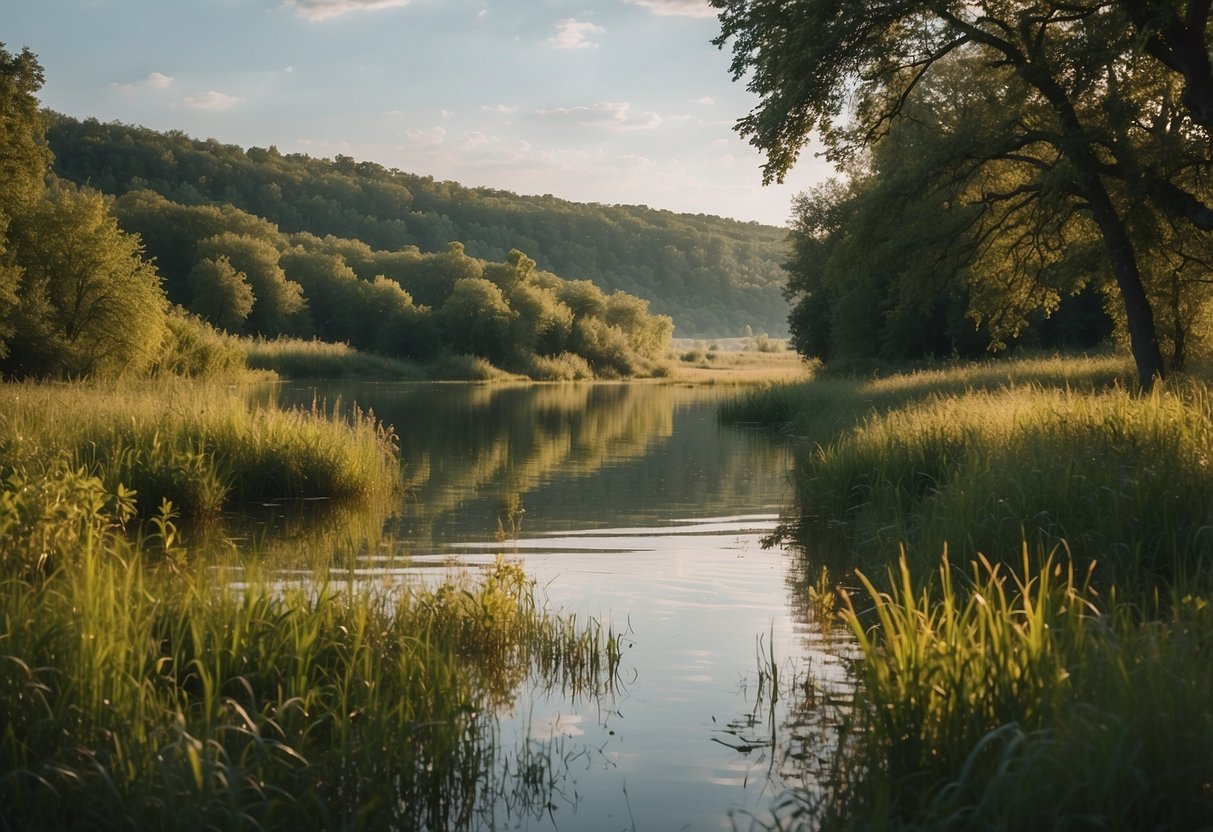 Lush wetlands teeming with diverse bird species, framed by rolling hills and serene lakes in Kiskunság National Park, Hungary