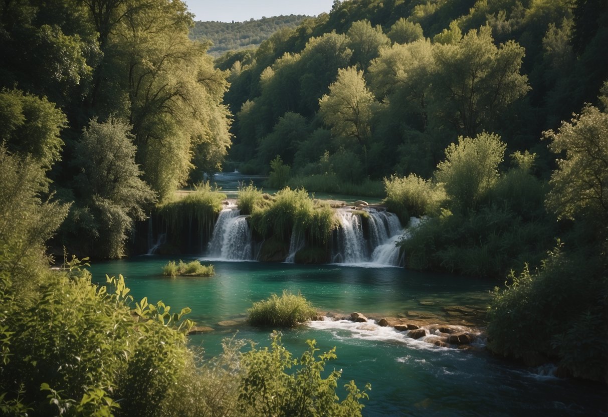 A lush riverbank with cascading waterfalls, surrounded by dense greenery, and various bird species flying and perching around Skradinski Buk, Croatia