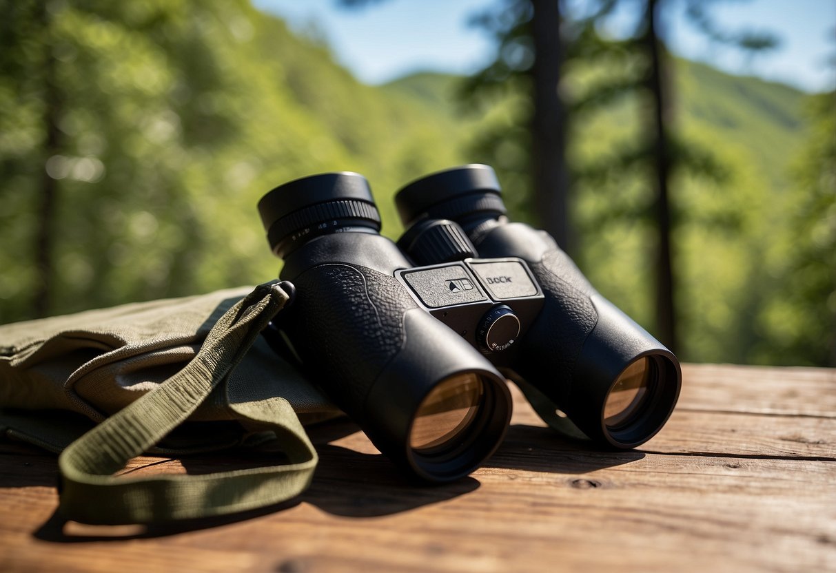 A pair of binoculars, a field guide, and a camera lay on a wooden table. In the background, a lush forest and a clear blue sky create a picturesque setting for bird watching