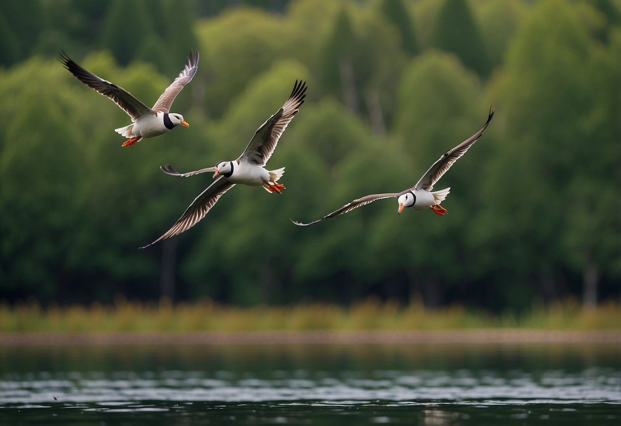 A lush forest with diverse bird species perched on branches, a tranquil lake with waterfowl, and a rocky coastline with seabirds in flight