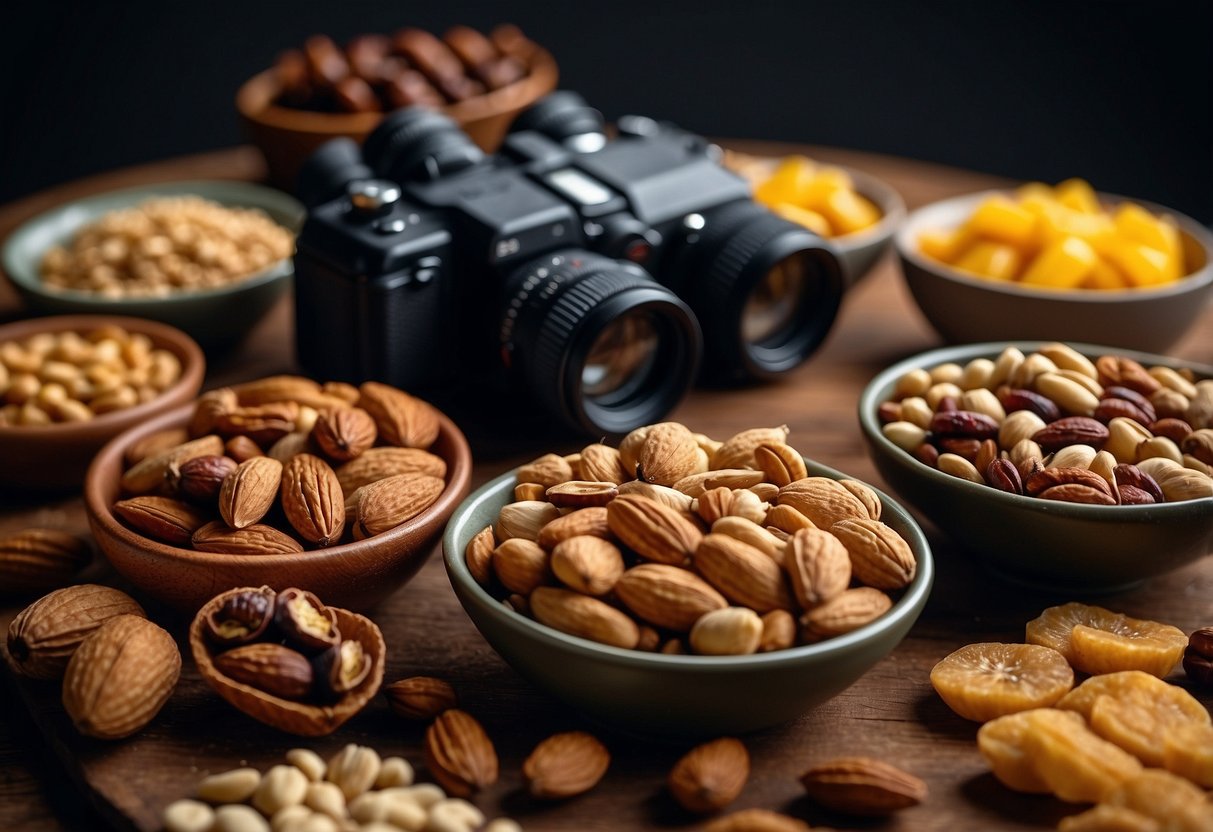 A table with a variety of nuts, seeds, and dried fruits. A pair of binoculars and a field guide are laid out next to the snacks