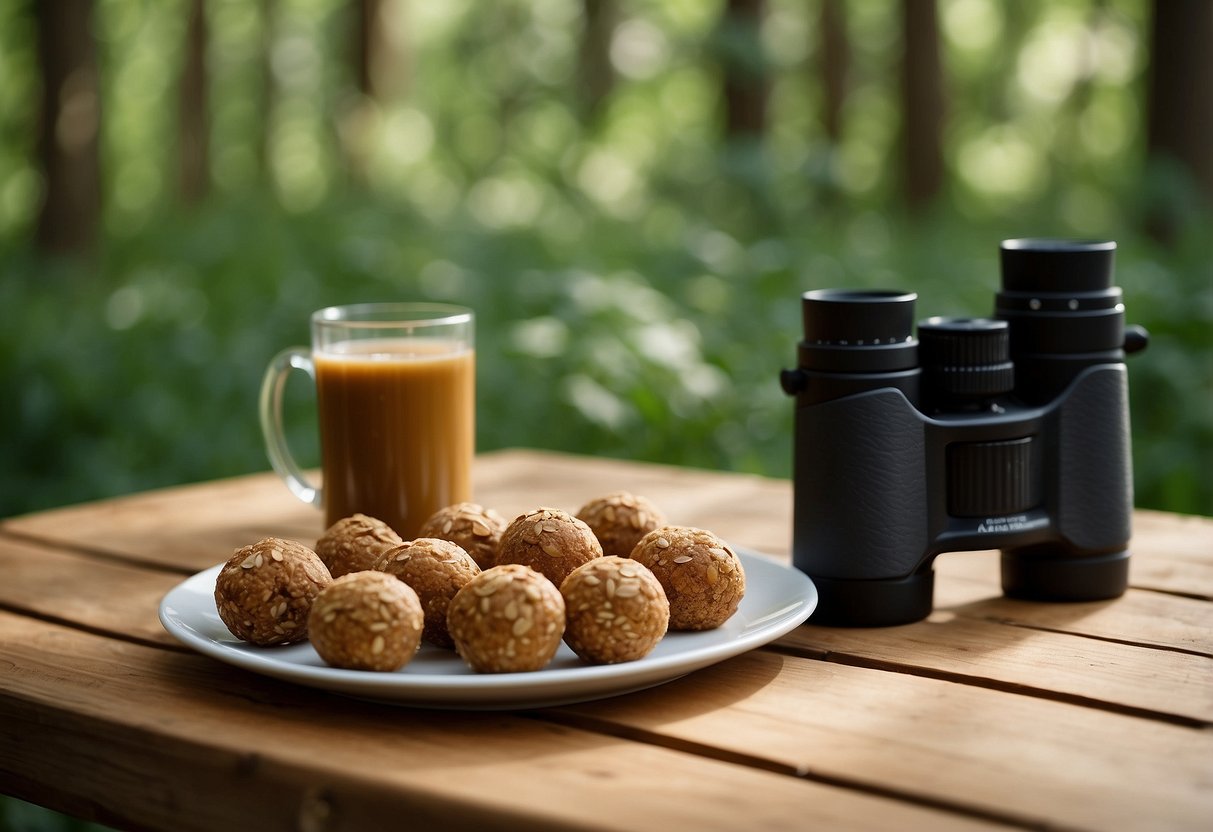 A table with a plate of almond butter energy balls next to a pair of binoculars and a field guide, surrounded by a lush green forest