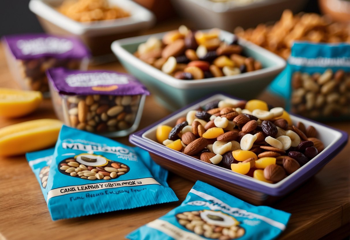 A collection of colorful trail mix packets arranged neatly on a table, surrounded by lightweight snacks and bird watching gear