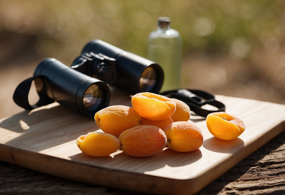 A pile of dried apricot slices arranged on a wooden cutting board, surrounded by a pair of binoculars, a field guide, and a water bottle