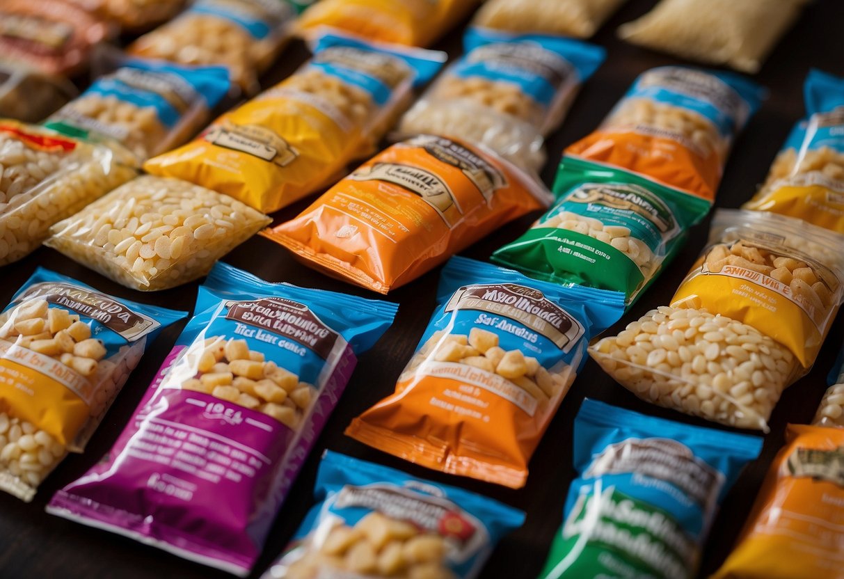 A variety of rice cracker snack packs are neatly arranged on a table, ready to be packed for a bird watching trip. The lightweight snacks are individually wrapped and labeled for convenience