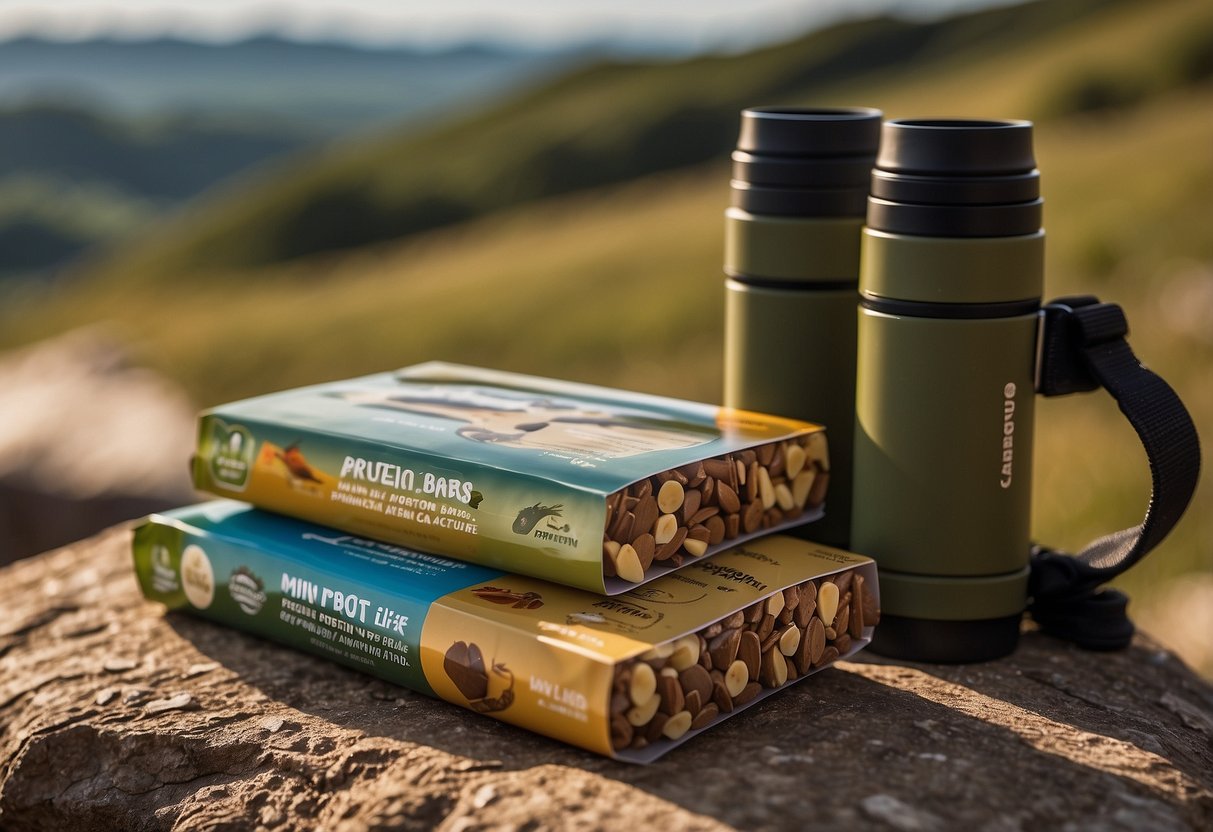 A small pile of mini protein bars sits next to a pair of binoculars and a field guide, ready for a bird watching adventure