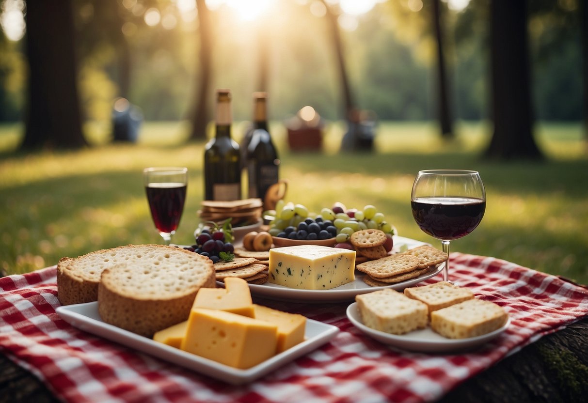 A picnic blanket spread with a variety of cheese and cracker combinations, surrounded by trees and bird-watching equipment