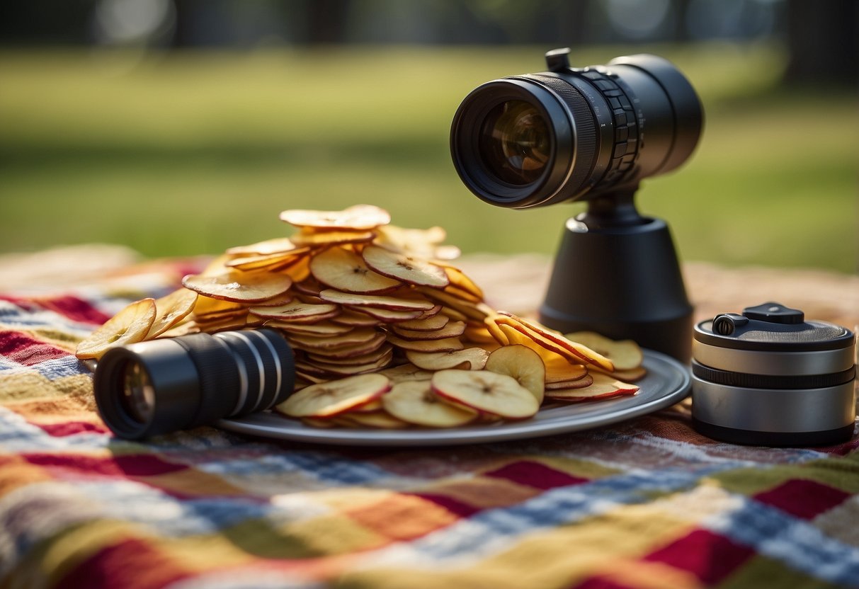 A pile of apple chips sits on a checkered picnic blanket, surrounded by binoculars and a field guide. A bird feeder hangs from a nearby tree, attracting colorful songbirds