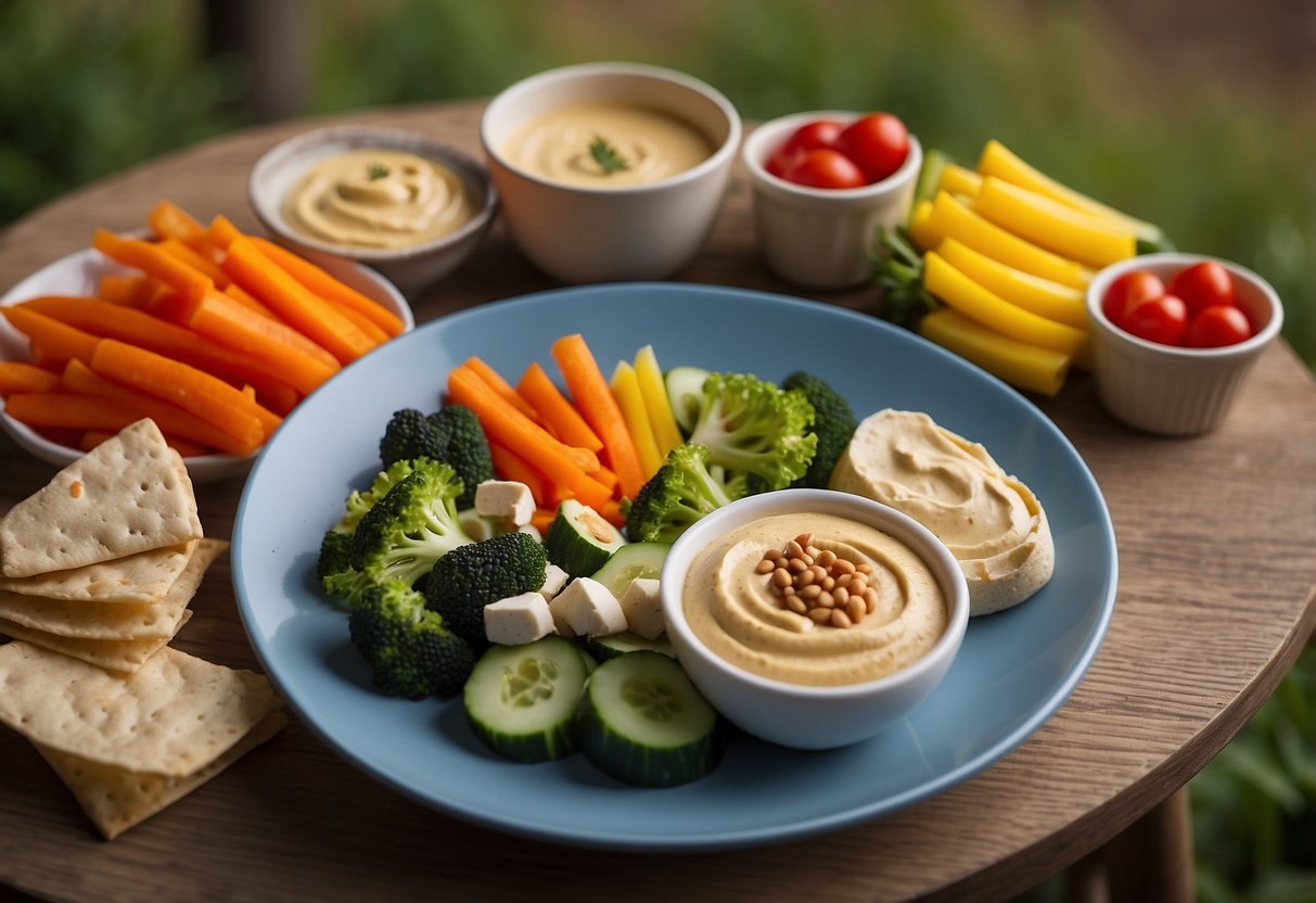 A plate of colorful vegetable sticks arranged around a bowl of creamy hummus, set against a backdrop of nature with binoculars and a bird identification book nearby