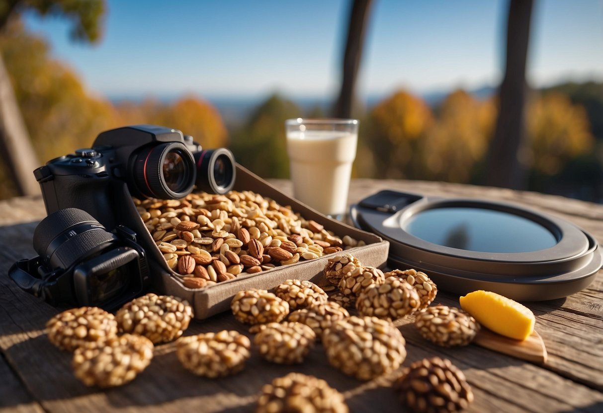 A table with assorted granola bars, nuts, and dried fruits. A pair of binoculars and a bird guidebook nearby. Outdoor scenery in the background