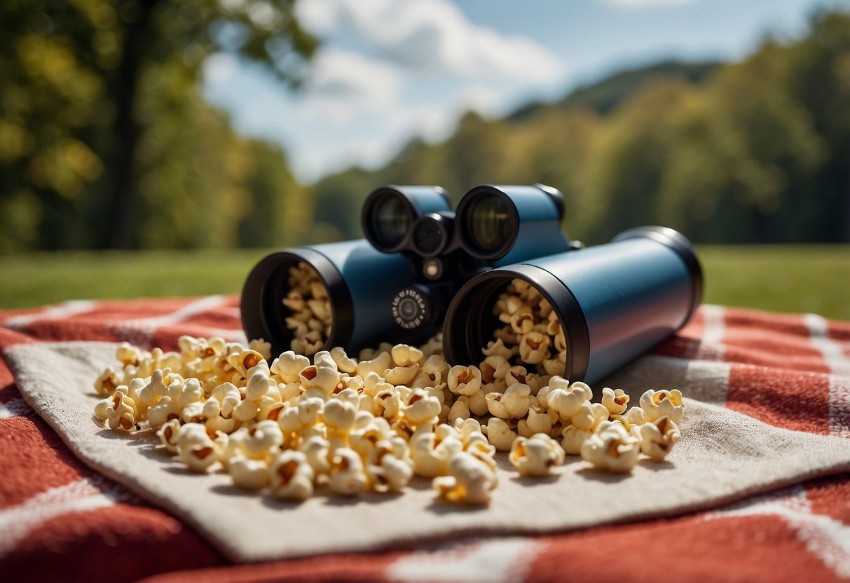 Popcorn kernels scattered on a picnic blanket next to a pair of binoculars and a field guide, with a backdrop of trees and birds in flight