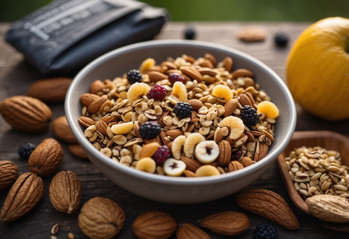 Bird watching scene with a variety of lightweight snacks laid out on a table or in a backpack, including nuts, dried fruit, granola bars, and trail mix