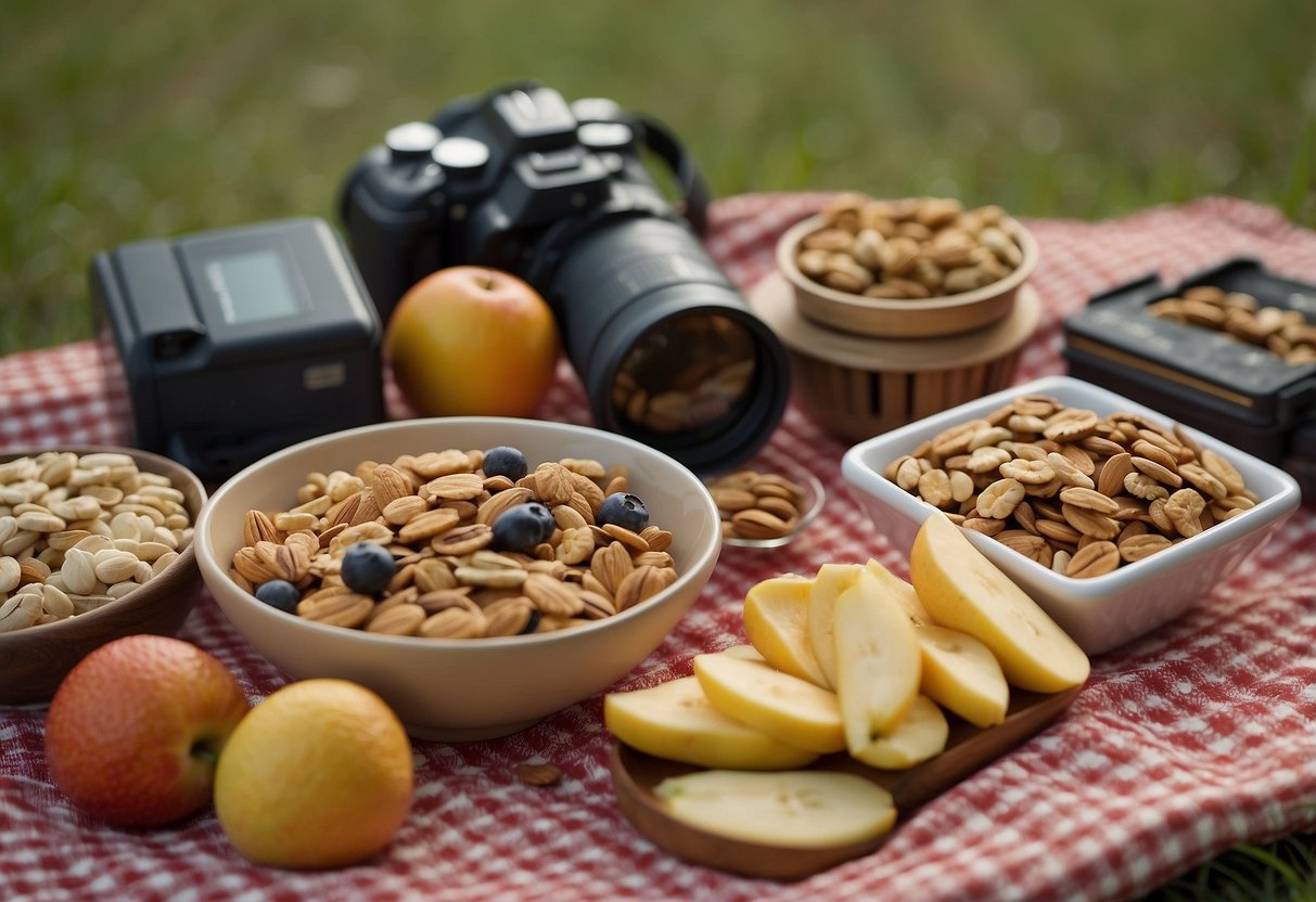 Bird watching snacks laid out on a picnic blanket with binoculars and a field guide nearby. Fruits, nuts, and granola bars are neatly arranged for easy access