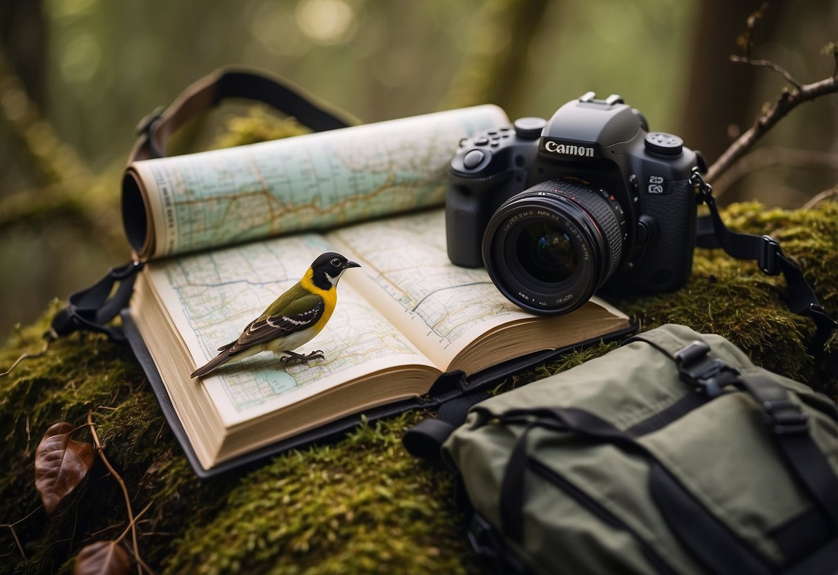 Birds perched on tree branches, a pair of binoculars hanging from a backpack, a map spread out on the ground, a camera set up on a tripod, and a field guide open to a page on bird species