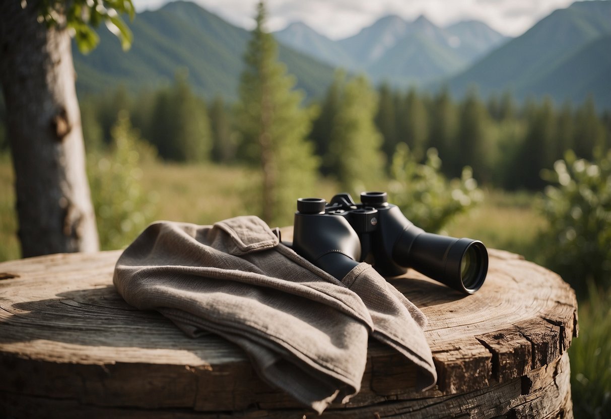 Neutral colored clothing hangs on a rustic wooden fence, binoculars and a field guide resting nearby. Trees and mountains form the backdrop