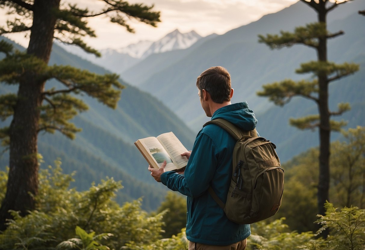 A person holds a bird guidebook open, surrounded by trees and distant mountains, with a pair of binoculars hanging from their neck