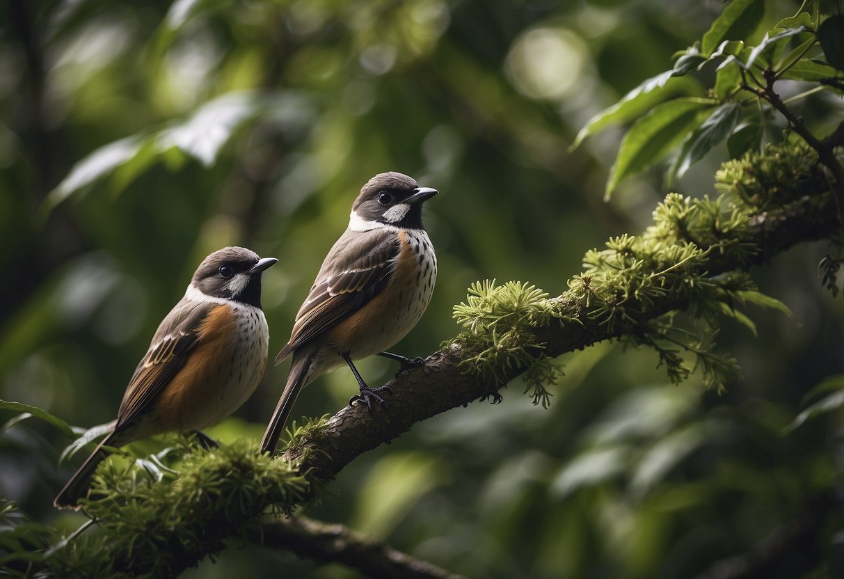 Birds perched on branches, surrounded by lush foliage. A sign reads "Keep a safe distance 7 Tips for Bird Watching in the Backcountry."