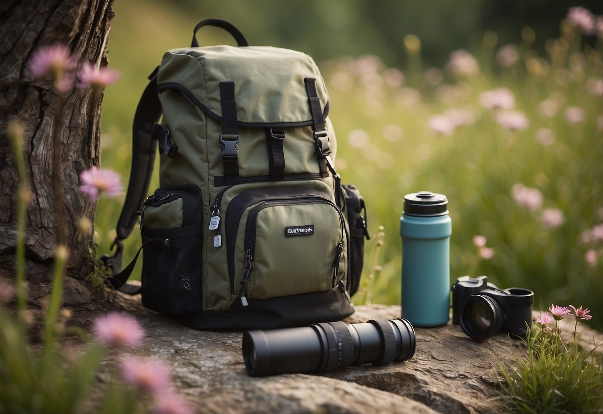 A backpack with binoculars, field guide, and water bottle sits on a rock. A bird feeder hangs from a tree, surrounded by wildflowers and tall grass