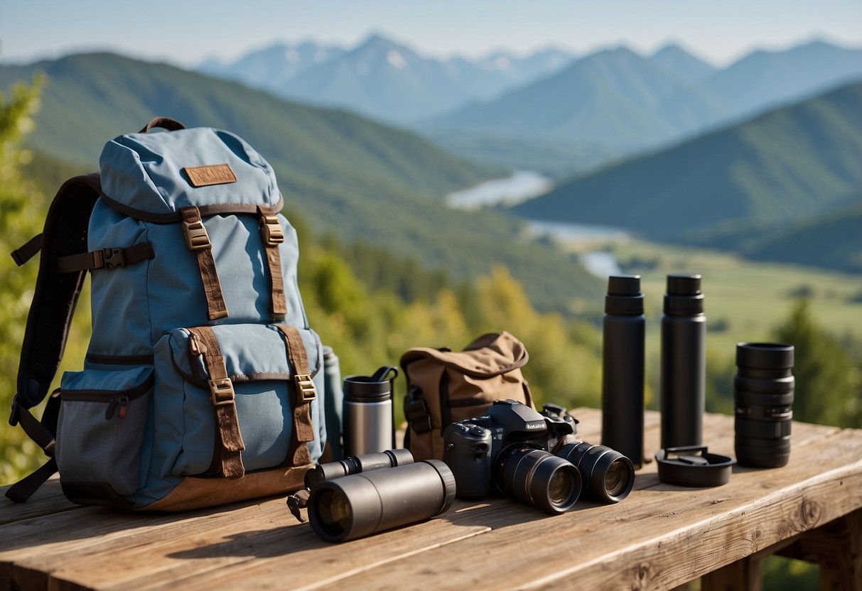 Bird watching gear laid out on a rustic wooden table with binoculars, a field guide, and a map. A backpack and water bottle sit nearby. The scene is set in a remote, natural setting with trees and mountains in the background