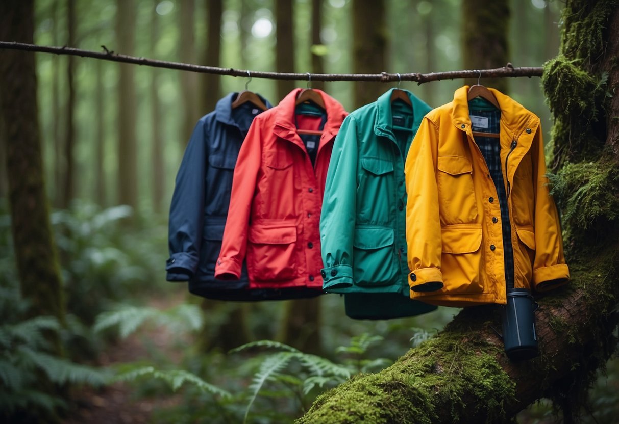 Brightly colored jackets hanging on a tree branch in a lush forest, with binoculars and bird guidebooks nearby