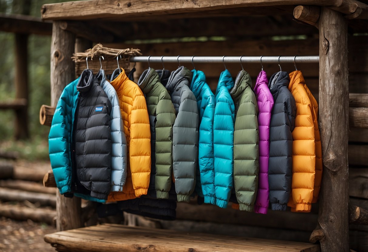 A colorful array of lightweight jackets hang on a rustic wooden rack, with the Patagonia Nano Puff prominently displayed. A pair of binoculars and a bird guidebook sit nearby, hinting at the intended purpose of the jackets