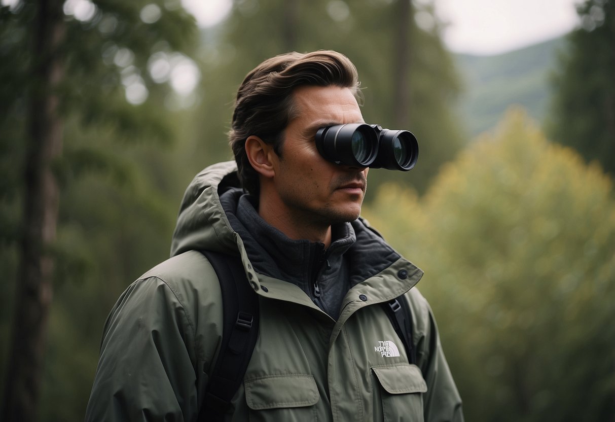 A person wearing a North Face Venture 2 jacket stands with binoculars, surrounded by trees and birds