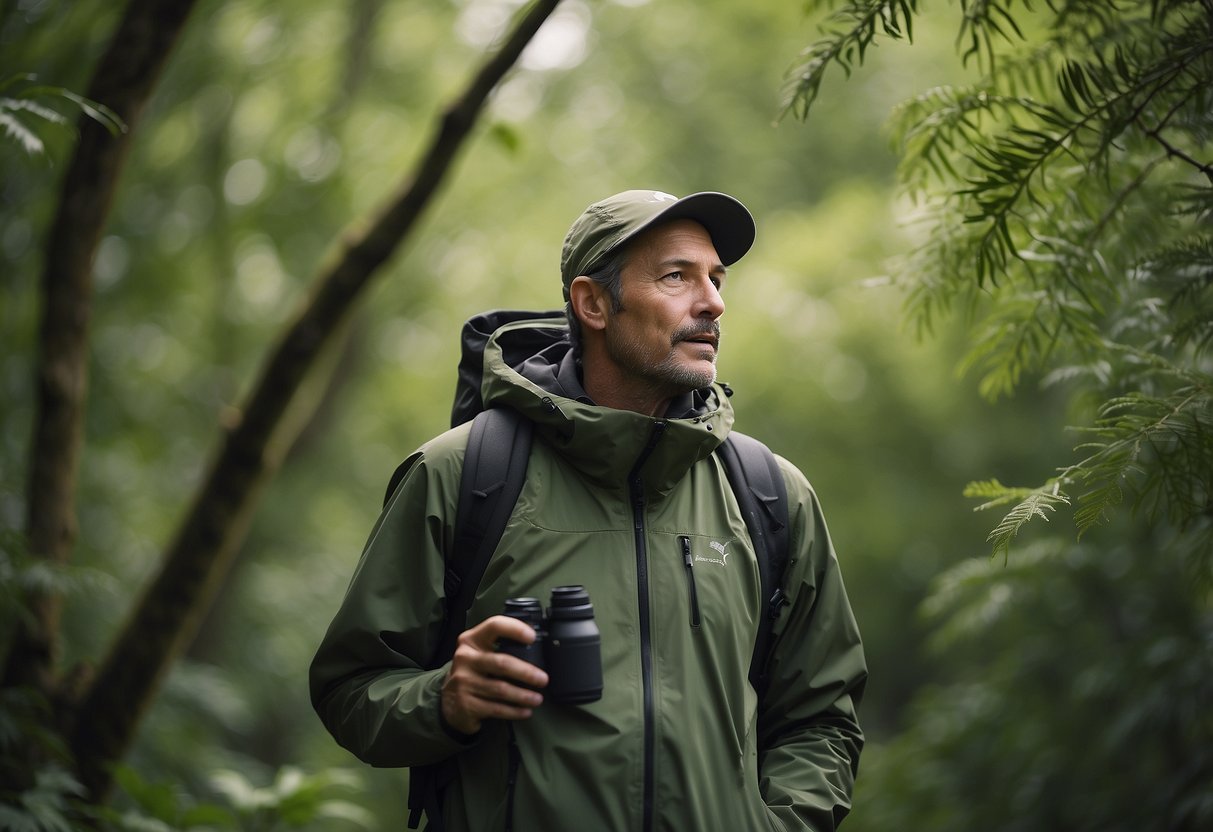 A birdwatcher wears an Arc'teryx Zeta SL jacket, binoculars around their neck, surrounded by lush foliage and chirping birds