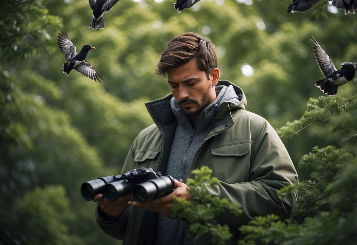 A figure in a lightweight jacket scans the treetops with binoculars, surrounded by chirping birds and lush foliage