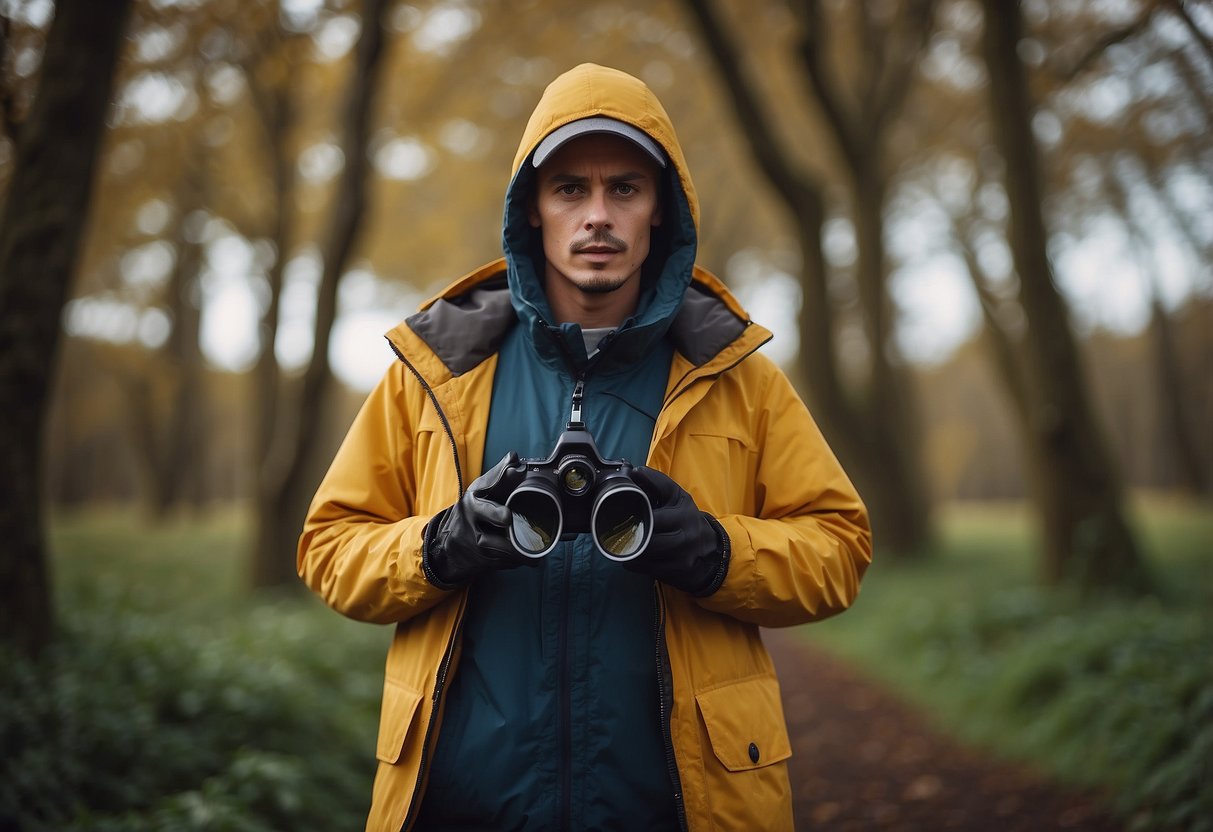 A person wearing a lightweight jacket with multiple pockets, a hood, and adjustable cuffs, standing in a bird-watching setting with binoculars and a field guide