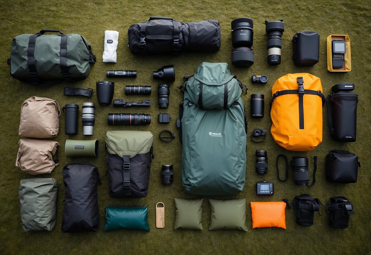 Bird watching gear laid out on a waterproof tarp with a rain cover, dry bags, and waterproof cases for binoculars, camera, and field guide