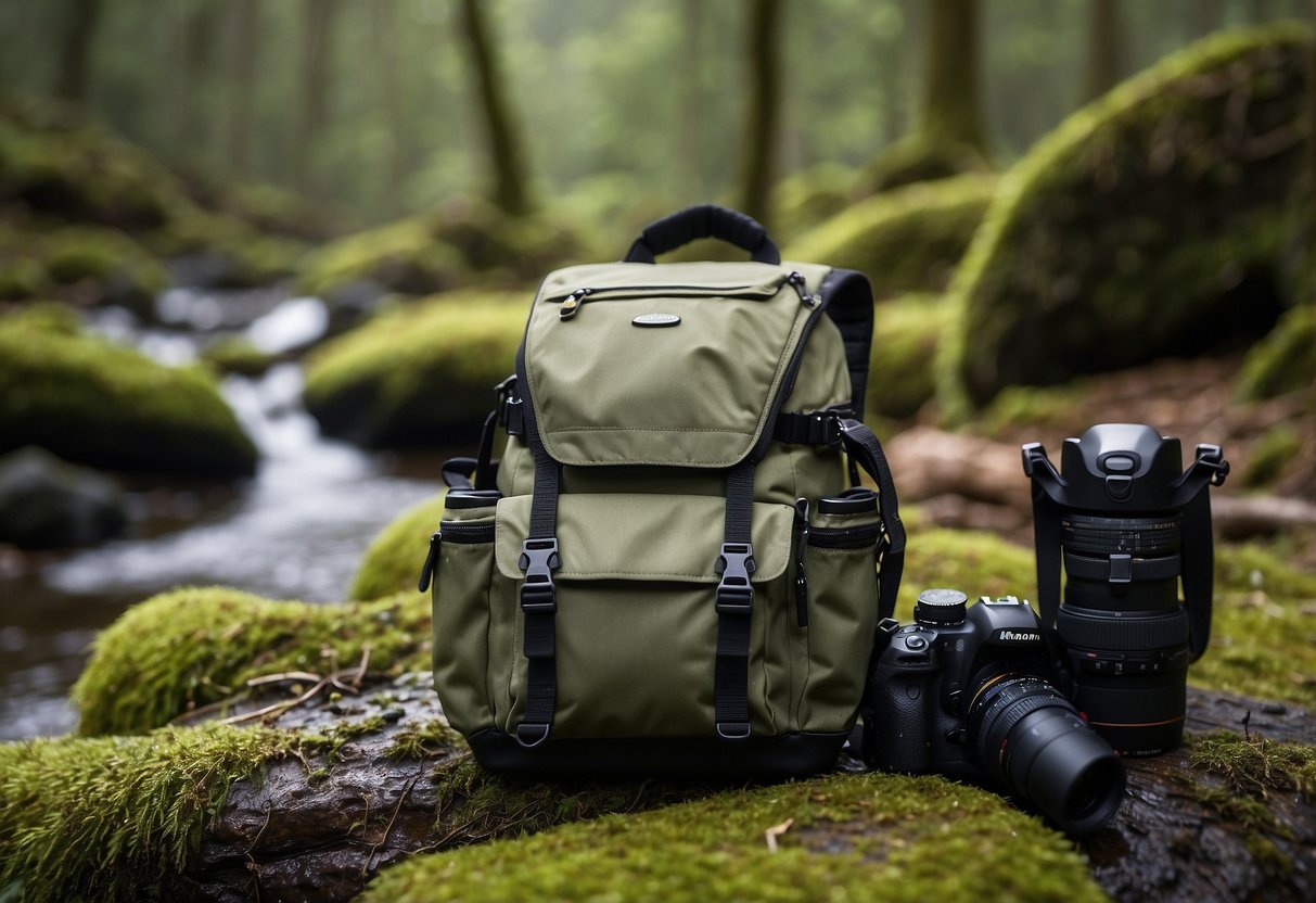 A waterproof camera bag sits open on a mossy log, surrounded by birdwatching gear. Raindrops bead on the bag's surface, while a pair of binoculars and a field guide lay nearby