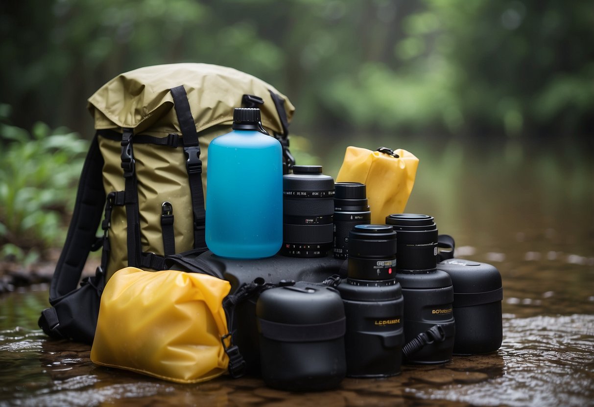 A stack of dry bags with binoculars inside, surrounded by various waterproof gear like a rain cover, waterproof pouches, and a waterproof backpack