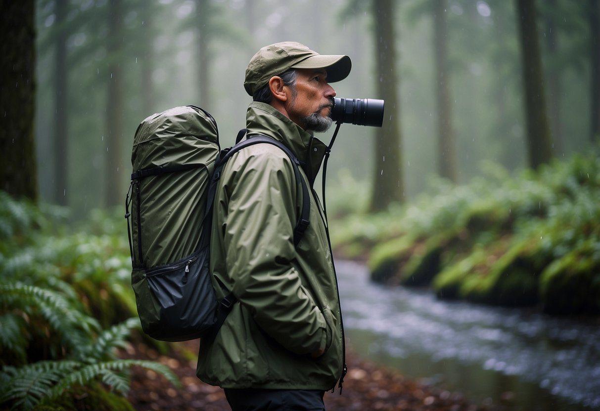 A bird watcher wearing water-resistant clothing stands in a forest, surrounded by trees and a gentle rain. Their gear is protected from the elements, including a waterproof backpack and binoculars in a protective case