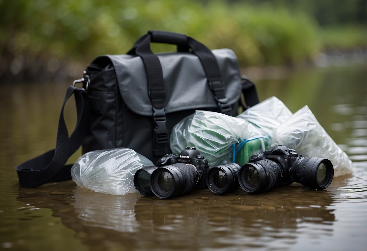 A variety of sealable plastic bags are arranged with bird watching gear, including binoculars, a camera, and a notebook, surrounded by water droplets to illustrate ways to keep gear dry