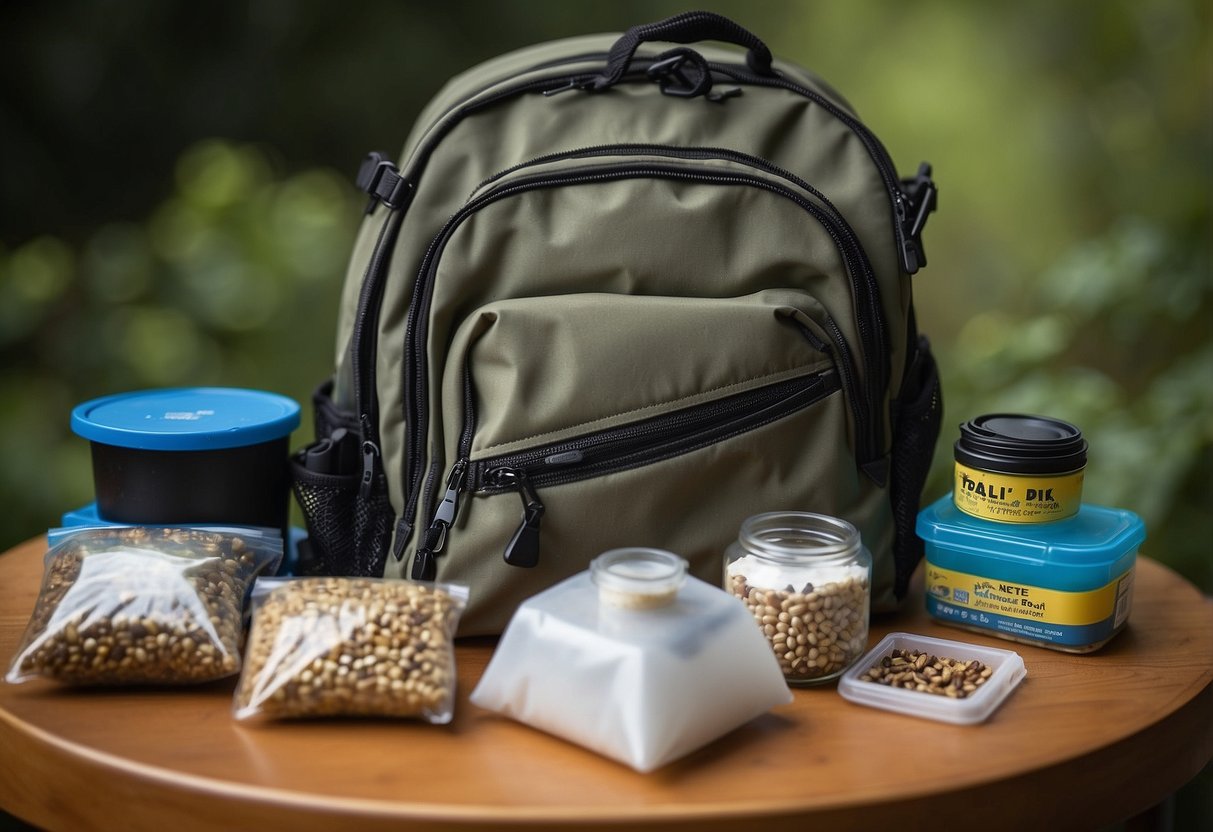 Silica gel packs placed in a bird watching backpack, binoculars case, and camera bag. A bird feeder and seed container with silica gel packs to keep dry