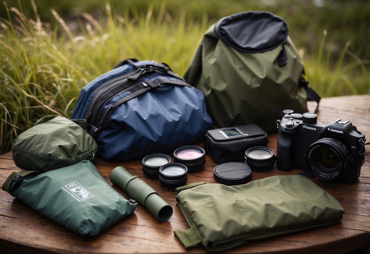 A packable poncho lies neatly folded next to a pair of binoculars and a field guide, surrounded by various waterproof bags and containers