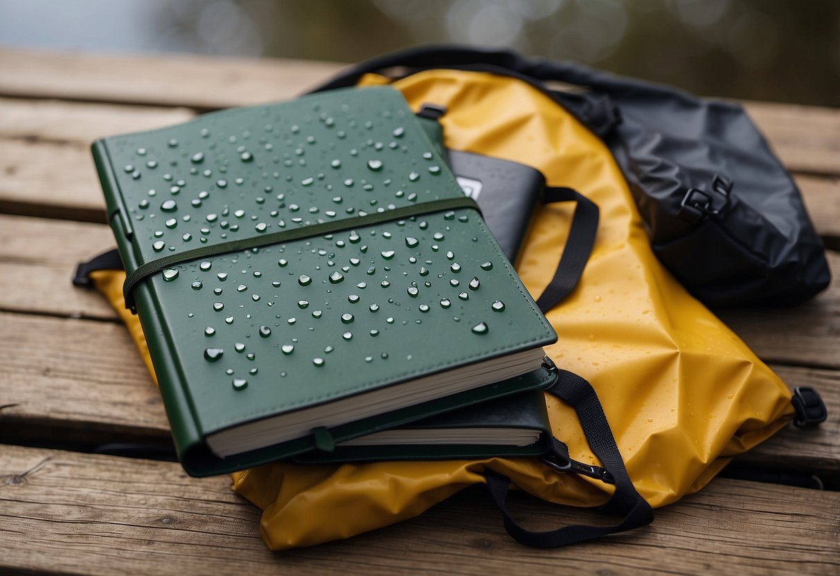 A birdwatcher's field notebook lies open on a wooden bench, surrounded by waterproof gear. Raindrops bead on the notebook's cover, while a waterproof bag and umbrella sit nearby